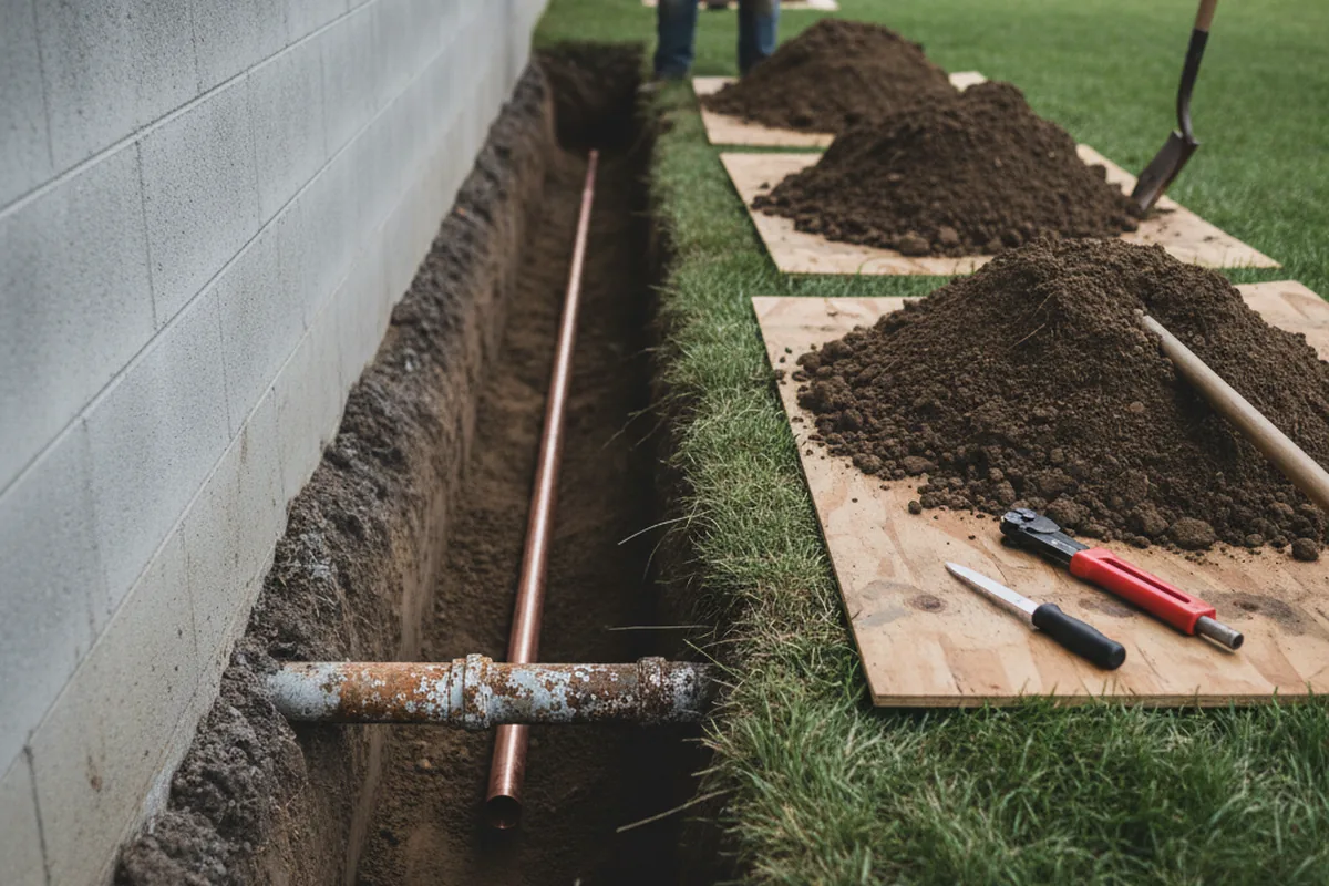 Excavated water line trench during Water Heater Repair in Beardsley